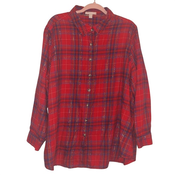 Woman Within Tops - Woman Within Size 22/24 Plaid Longsleeve Button Up Christmas Plaid Holiday Cabin